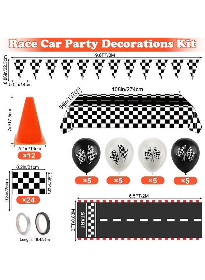 Ahier Race Car Party Decorations, 61 Pcs Set-12 Traffic Cones And 24 Racing Checkered Flags, 6.5Ft Racetrack Floor Runner And 9.8Ft Checkered Race Track Banner, Tablecloth, Balloons And Ribbons - Image 2