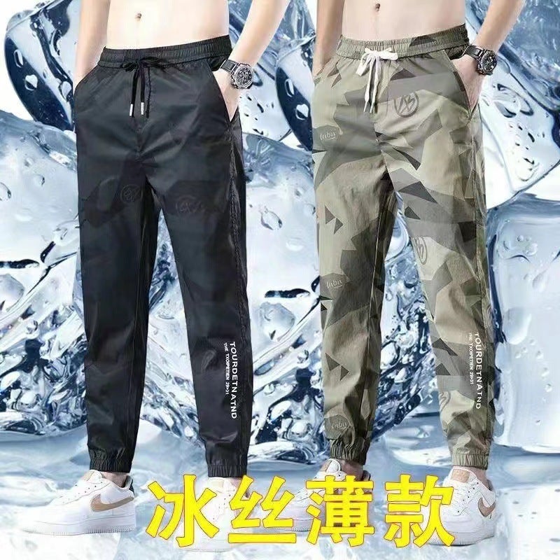 Summer Thin Camouflage Sports Crock Pants Mens Wear-resistant Loose All-match Quick-drying Thin Ice Silk Pants Casual Ankle Pants Black [Camouflage]] - Image 2