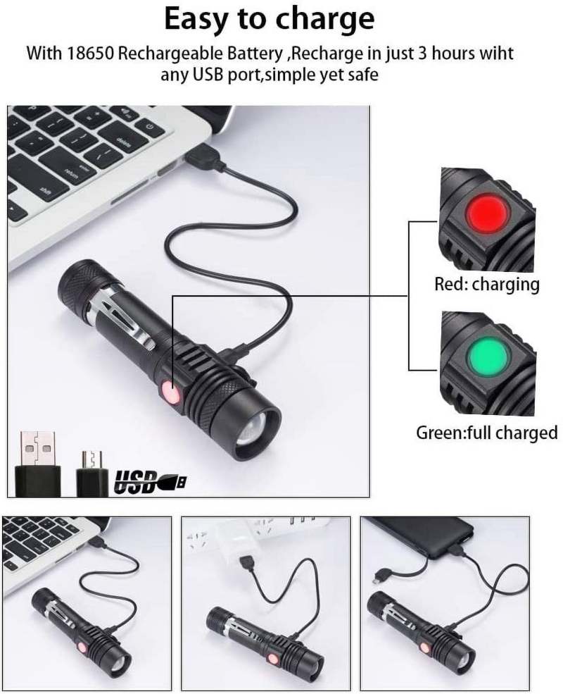 Rechargeable Tactical Flashlight: 2-Pack Black High Lumen Zoomable Pocket Flashlight - Water-Resistant 4 Light Modes 18650 Battery for Hiking Camping Emergency Use - Image 4