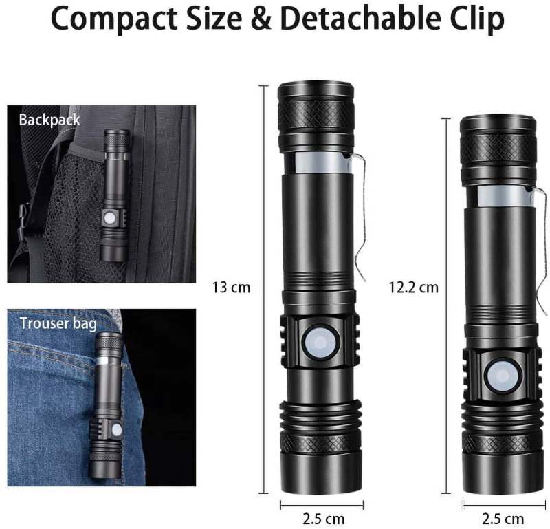 Rechargeable Tactical Flashlight: 2-Pack Black High Lumen Zoomable Pocket Flashlight - Water-Resistant 4 Light Modes 18650 Battery for Hiking Camping Emergency Use - Image 3