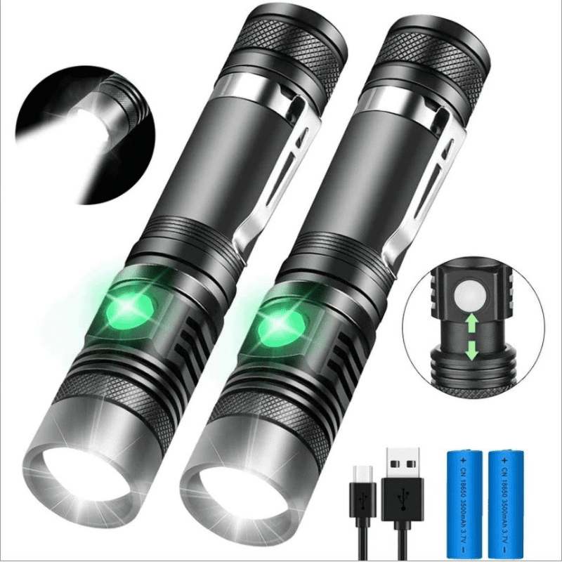 Rechargeable Tactical Flashlight: 2-Pack Black High Lumen Zoomable Pocket Flashlight - Water-Resistant 4 Light Modes 18650 Battery for Hiking Camping Emergency Use - Image 1