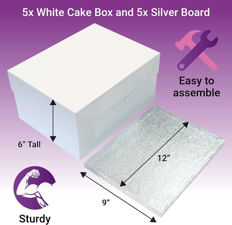 Culpitt 12'' X 9'' Cake Board & White Cake Box Combo | 5 Pack | Oblong Silver Fern Cake Drum With Matching Box, 0.5'' (13mm) Thick, Rectangular Cake Transport Set, 304 X 228mm - Pack Of 5 - Image 2