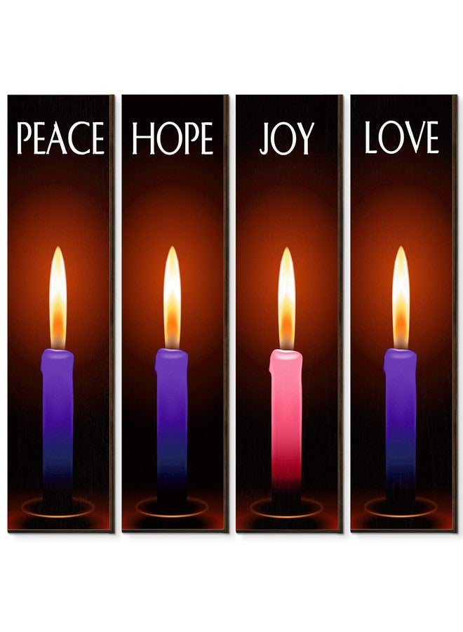 Roowest 4 Pieces Christmas Advent Candles Wall Decor Wooden Wall Art with Love Peace Hope Joy Printing, Rustic Religious Hanging Wood Wall Plaque Gifts for Family Home Church Office, 12 x 4 x 0.2 Inch - Image 1