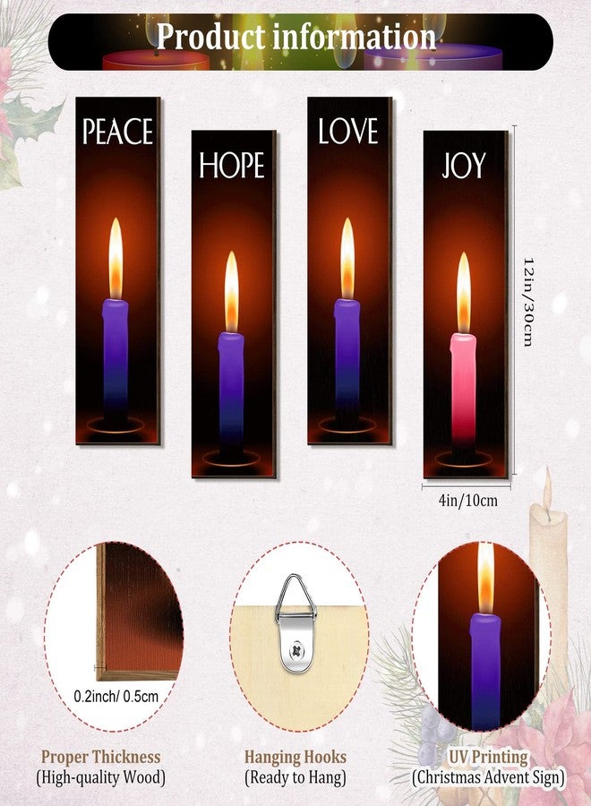 Roowest 4 Pieces Christmas Advent Candles Wall Decor Wooden Wall Art with Love Peace Hope Joy Printing, Rustic Religious Hanging Wood Wall Plaque Gifts for Family Home Church Office, 12 x 4 x 0.2 Inch - Image 2