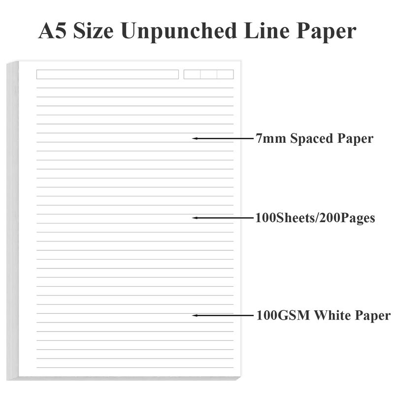 Yaridar Unpunched Lined Refill Paper - A5 Loose Leaf Paper for Ring Binder/Discbound Notebook Planner Inserts, 100 Sheets/200 Pages,100gsm Ruled White Pages, 5.8" x 8.25â€ - Image 5