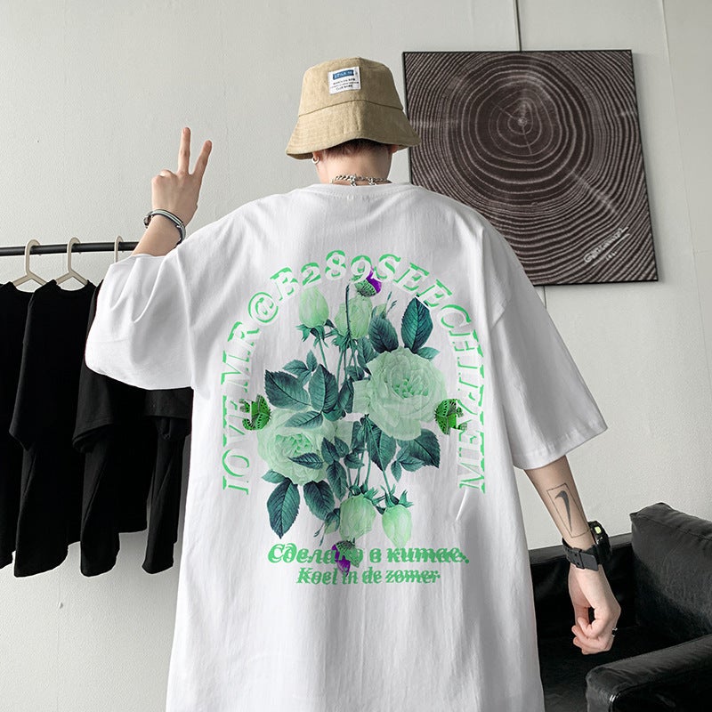 Back Rose Pattern Short-Sleeved T-Shirt Men'S Summer Ins American Style Retro Fashion Brand Five-Sleeved Hiphop Hong Kong Style T-Shirt - Image 3