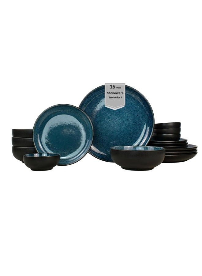 Sango 16-Piece Stoneware Dinnerware Set for 4, Glossy Black & Blue Plates and Bowls Sets with Reactive Glaze, Ceramic Dish Set, Modern Dishes for Everyday Dining, Microwave & Dishwasher Safe, Resona - Image 1
