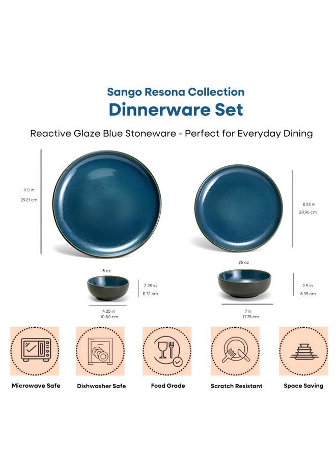 Sango 16-Piece Stoneware Dinnerware Set for 4, Glossy Black & Blue Plates and Bowls Sets with Reactive Glaze, Ceramic Dish Set, Modern Dishes for Everyday Dining, Microwave & Dishwasher Safe, Resona - Image 2