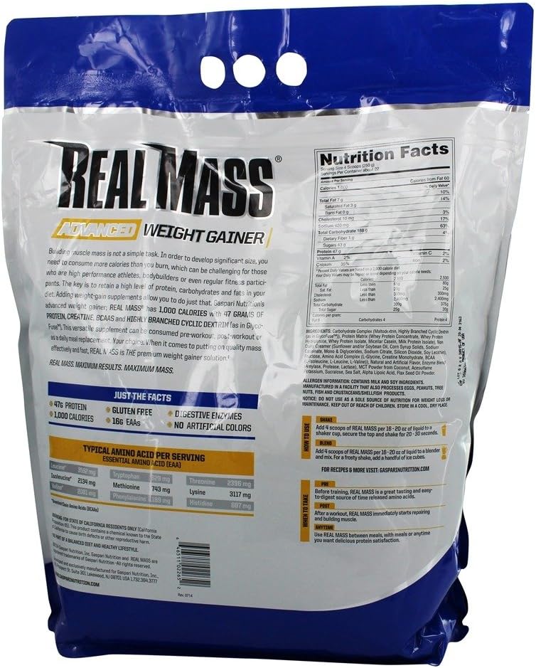 Gaspari Nutrition Real Mass Advanced Weight Gainer Protein and Complex Carb Blend 50g Protein 16g EAAs GlutenFree 12 lbs Vanilla Milkshake - Image 3