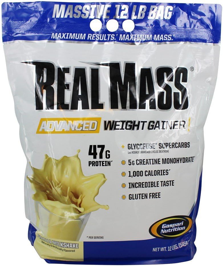 Gaspari Nutrition Real Mass Advanced Weight Gainer Protein and Complex Carb Blend 50g Protein 16g EAAs GlutenFree 12 lbs Vanilla Milkshake - Image 1