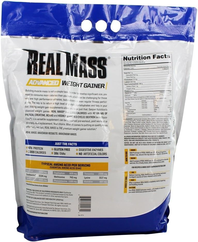 Gaspari Nutrition Real Mass Advanced Weight Gainer Protein and Complex Carb Blend 50g Protein 16g EAAs GlutenFree 12 lbs Vanilla Milkshake - Image 4