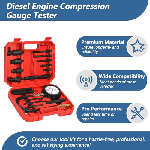 Bicos Diesel Engine Compression Tester Kit with 0-1000 psi Gauge and Adapters Cylinder Pressure Test Tool Kit Diesel Injector Tester Check Cylinders in Diesel Car & Truck - Image 4