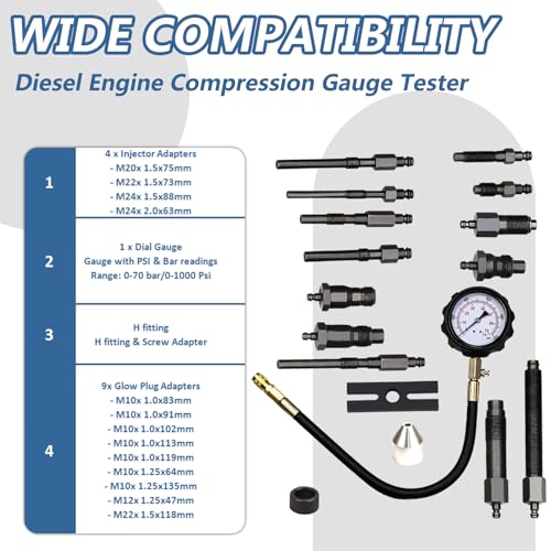Bicos Diesel Engine Compression Tester Kit with 0-1000 psi Gauge and Adapters Cylinder Pressure Test Tool Kit Diesel Injector Tester Check Cylinders in Diesel Car & Truck - Image 2