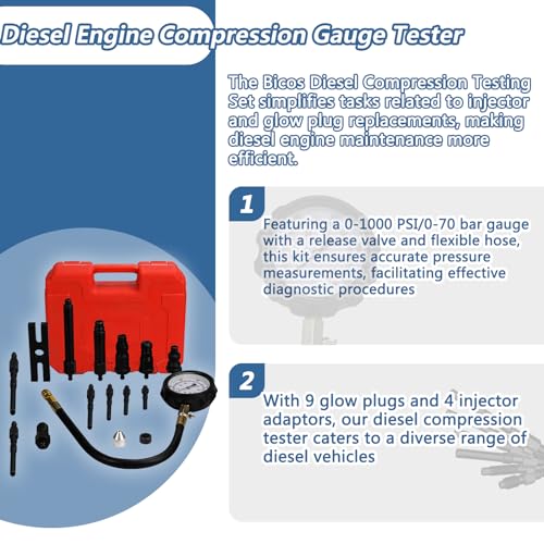 Bicos Diesel Engine Compression Tester Kit with 0-1000 psi Gauge and Adapters Cylinder Pressure Test Tool Kit Diesel Injector Tester Check Cylinders in Diesel Car & Truck - Image 3