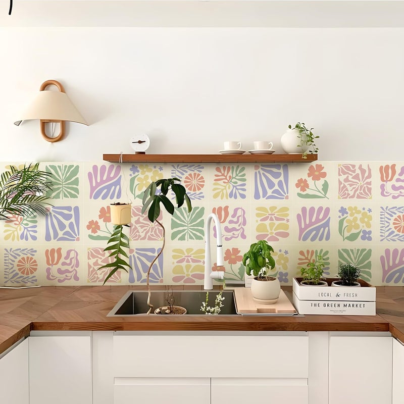 Alwayspon 15x15cmx25Pcs Self Adhesive Vinyl Waterproof Splashback Tiles Sticker, Peel and Stick Tile Transfer Sticker for Bathroom Kitchen Floor Wall, Pink Purple Yellow Florals - Image 3