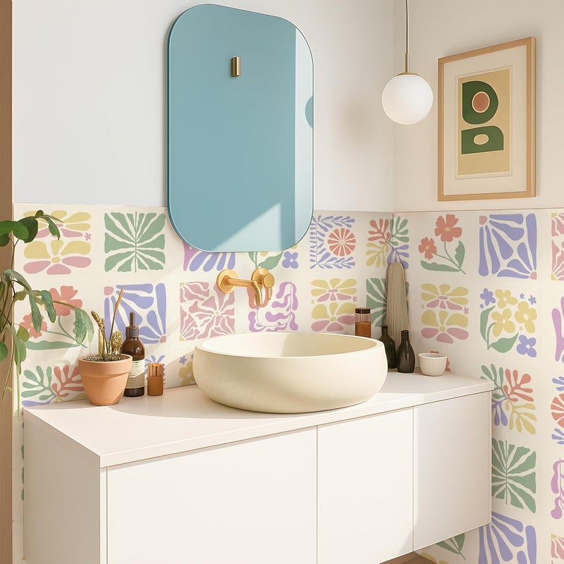 Alwayspon 15x15cmx25Pcs Self Adhesive Vinyl Waterproof Splashback Tiles Sticker, Peel and Stick Tile Transfer Sticker for Bathroom Kitchen Floor Wall, Pink Purple Yellow Florals - Image 1