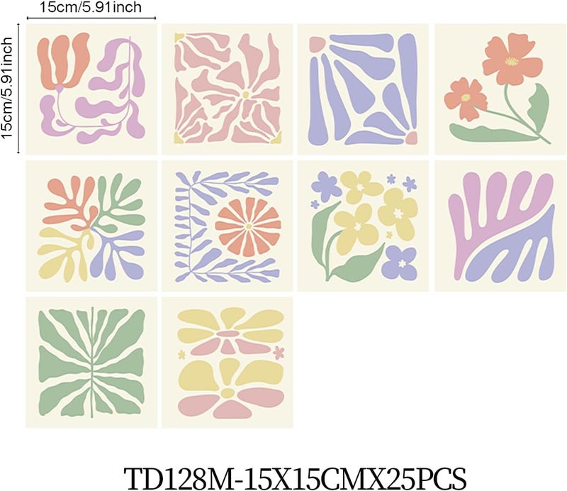 Alwayspon 15x15cmx25Pcs Self Adhesive Vinyl Waterproof Splashback Tiles Sticker, Peel and Stick Tile Transfer Sticker for Bathroom Kitchen Floor Wall, Pink Purple Yellow Florals - Image 2