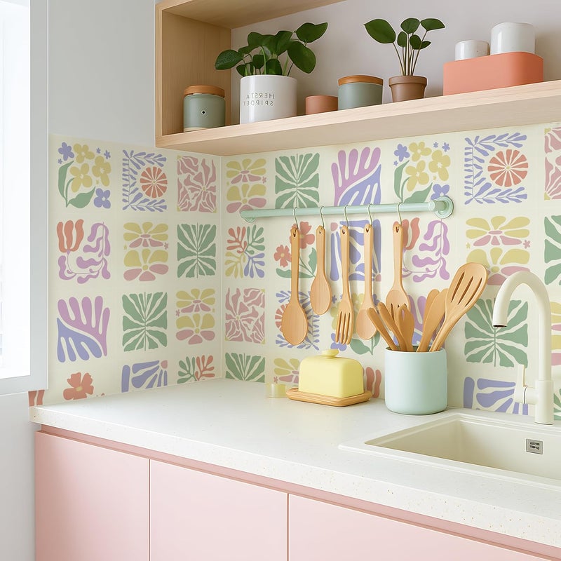 Alwayspon 15x15cmx25Pcs Self Adhesive Vinyl Waterproof Splashback Tiles Sticker, Peel and Stick Tile Transfer Sticker for Bathroom Kitchen Floor Wall, Pink Purple Yellow Florals - Image 5