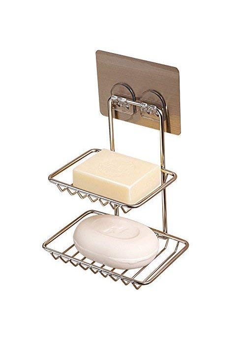 SGMSC SGMSC Wall Mounted Double Layer soap Dish Holder Stainless Steel Wall Hanging Soap Storage Rack for Kitchen Bathroomwith Self Adhesive Magic StickerSilver  - Image 1