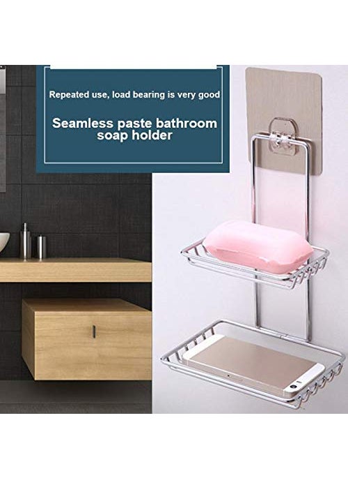 SGMSC SGMSC Wall Mounted Double Layer soap Dish Holder Stainless Steel Wall Hanging Soap Storage Rack for Kitchen Bathroomwith Self Adhesive Magic StickerSilver  - Image 2