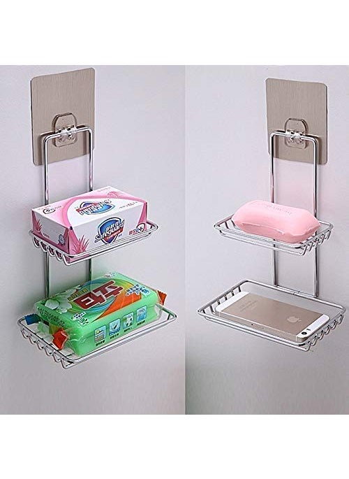 SGMSC SGMSC Wall Mounted Double Layer soap Dish Holder Stainless Steel Wall Hanging Soap Storage Rack for Kitchen Bathroomwith Self Adhesive Magic StickerSilver  - Image 4