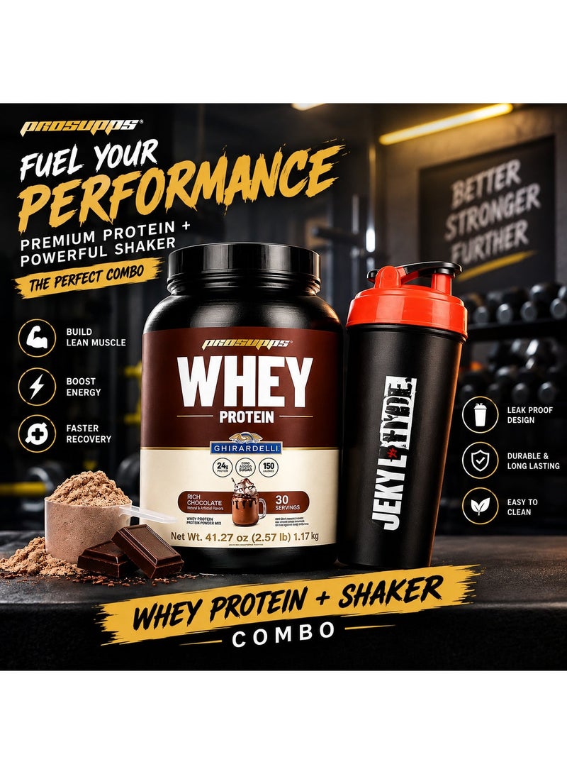 ProSupps Combo: Ghirardelli Whey Protein 2.57 lbs (30 Servings) Rich Chocolate + Free Jekyll & Hyde Shaker V2 Black - Image 1
