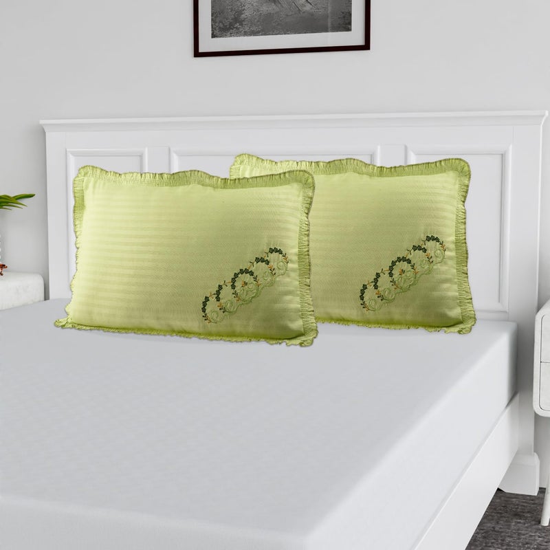 Kuber Industries Pillow Cover | Cotton Pillow Cover Set | Pillow Cover Set for Bedroom | Lining Embroidery Pillow Cover Set | 2 Piece Set | Parrot Green - Image 5
