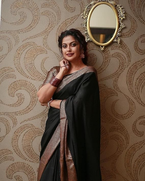 C J Enterprise Women's Pure Soft Kanjivaram Silk Saree for Wedding Kanchipuram Pattu Sarees Banarasi Cotton Latest Sari With Blouse Piece Design Wear ladies new sadi Party 2024 (Yatri-51) (Black) - Image 3