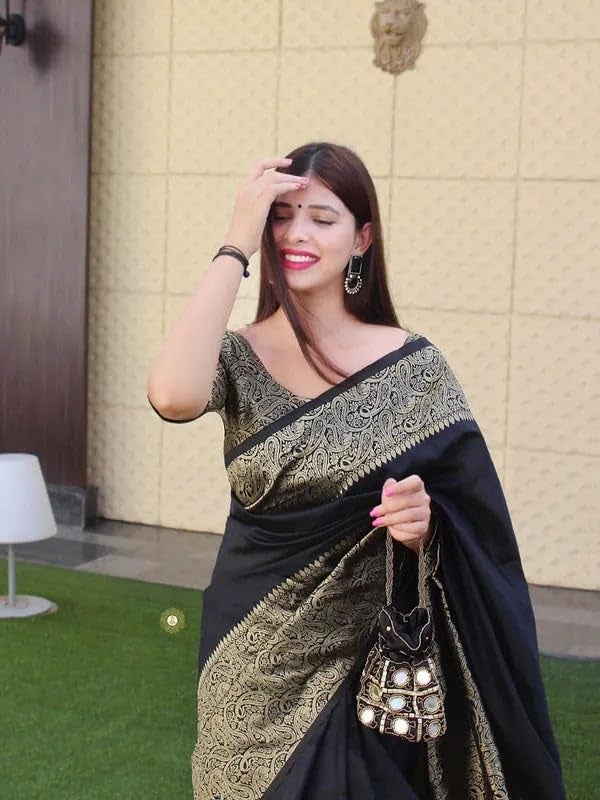 C J Enterprise Women's Pure Soft Kanjivaram Silk Saree for Wedding Kanchipuram Pattu Sarees Banarasi Cotton Latest Sari With Blouse Piece Design Wear ladies new sadi Party 2024 (Yatri-51) (Black) - Image 4