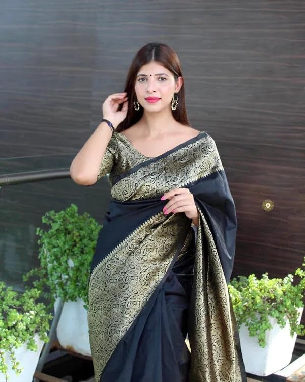 C J Enterprise Women's Pure Soft Kanjivaram Silk Saree for Wedding Kanchipuram Pattu Sarees Banarasi Cotton Latest Sari With Blouse Piece Design Wear ladies new sadi Party 2024 (Yatri-51) (Black) - Image 5