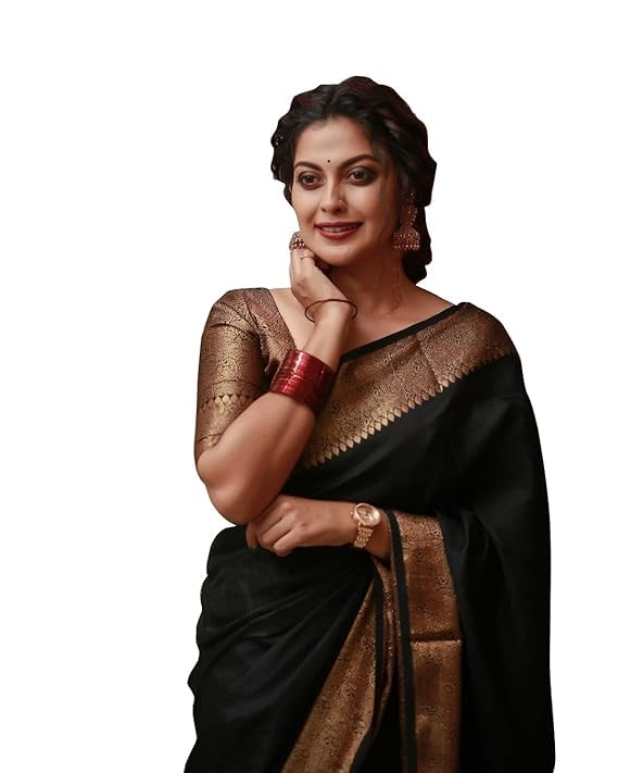 C J Enterprise Women's Pure Soft Kanjivaram Silk Saree for Wedding Kanchipuram Pattu Sarees Banarasi Cotton Latest Sari With Blouse Piece Design Wear ladies new sadi Party 2024 (Yatri-51) (Black) - Image 1
