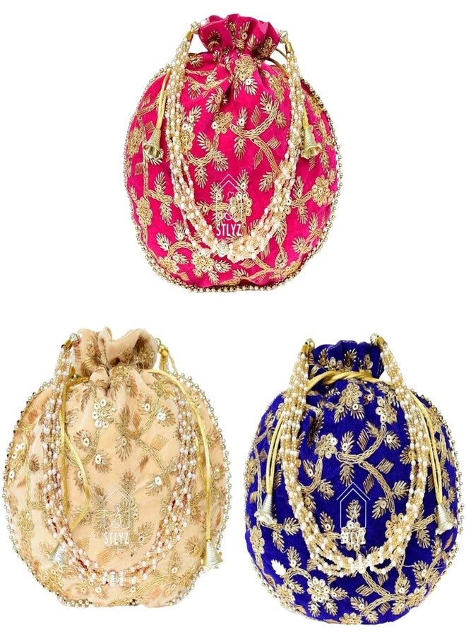 STLYZ Traditional Velvet Potli Bag For Women, Embroidered Potli Handbag Wristlets Ethnic Bridal Potli Batwa Bag For Ladies For Wedding Return Gifts (Pack of 3) (VelvetPotli_Packof3) - Image 1