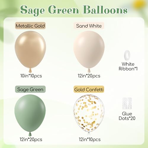 Leraqertra 60pcs Sage Green Balloons 12inch with Sage Green Sand White Metallic Gold Confetti Balloons for Boho Bridal Baby Shower Wedding Engagement Birthday Party Decorations - Image 5