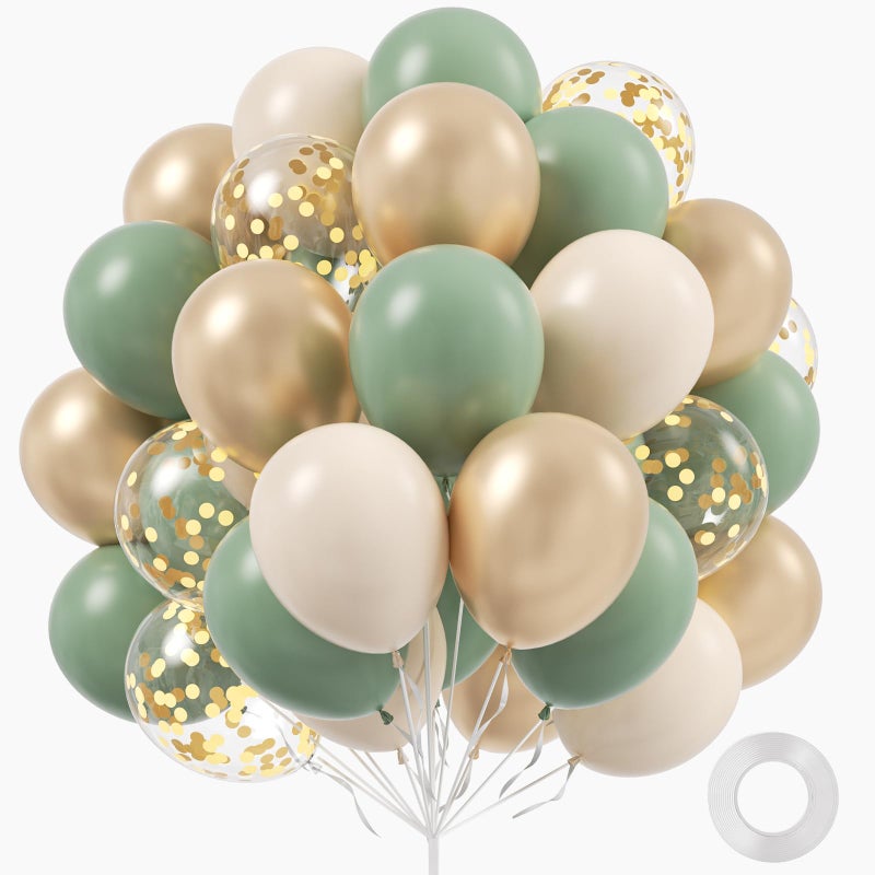 Leraqertra 60pcs Sage Green Balloons 12inch with Sage Green Sand White Metallic Gold Confetti Balloons for Boho Bridal Baby Shower Wedding Engagement Birthday Party Decorations - Image 3