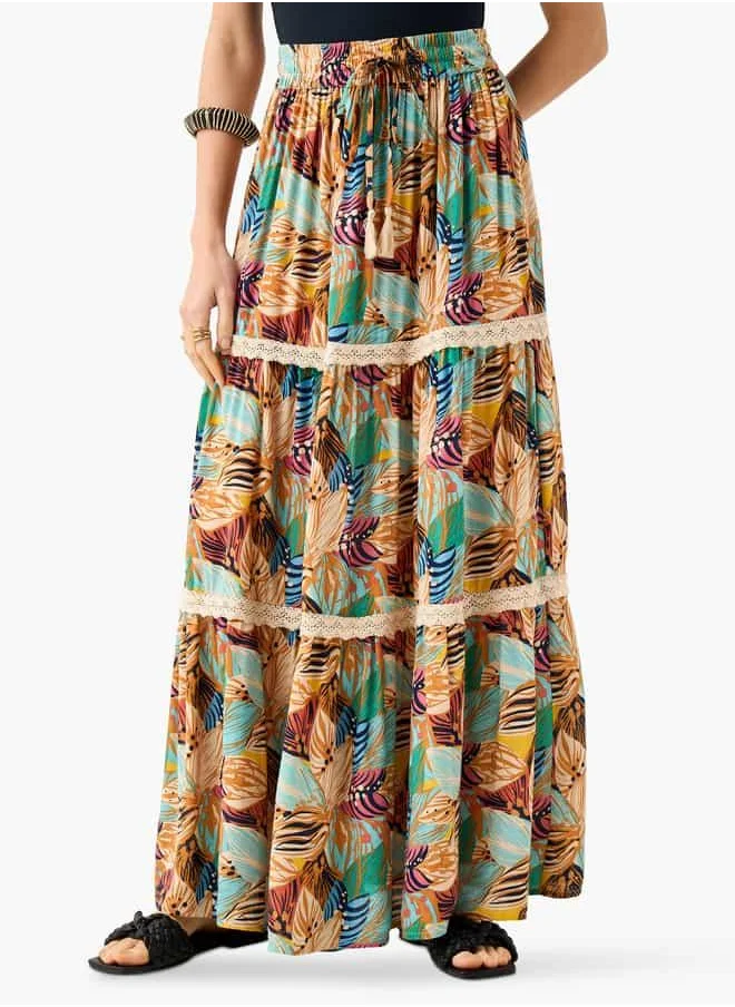 فاف Floral Print Tiered Maxi Skirt with Elasticated Waistband