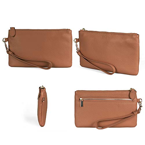 befen Women's Genuine Italian Leather Wristlet Clutch Wallet Purse, Gold Zipper (Camel) - Image 5