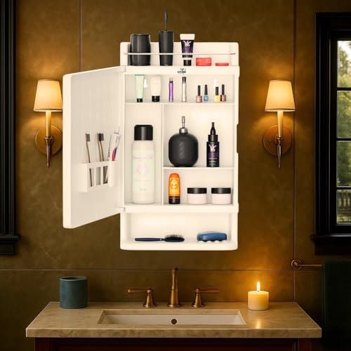 Well Set Rich Look Bathroom Mirror Cabinet (White) | Wall Mounted Strong Plastic Storage Organizer with Shelves | Durable Bathroom Mirror Cabinet for Toiletries & Accessories - Image 1