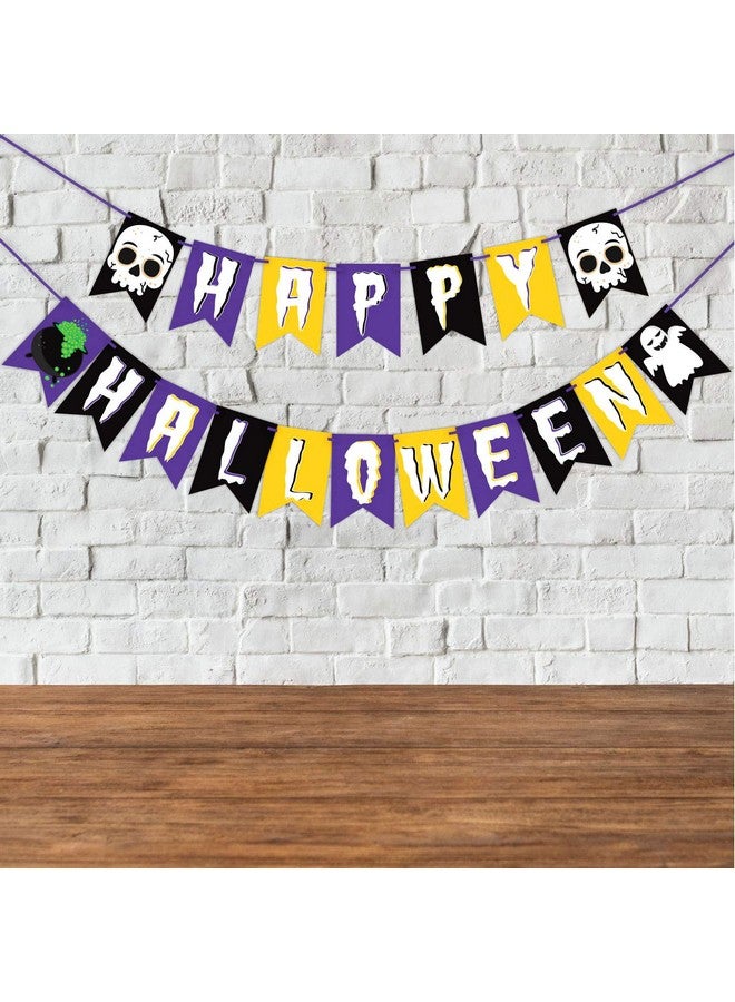 Wobbox Halloween Bunting Banner Yellow and Purple Happy Halloween, Party Decoration Set of One, Pre-Strung - Image 1