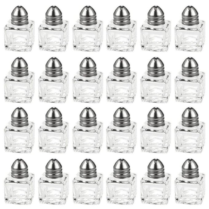 SET OF 24 MINI SALT AND PEPPER SHAKERS GLASS AND STAINLESS STEEL 05 OZ