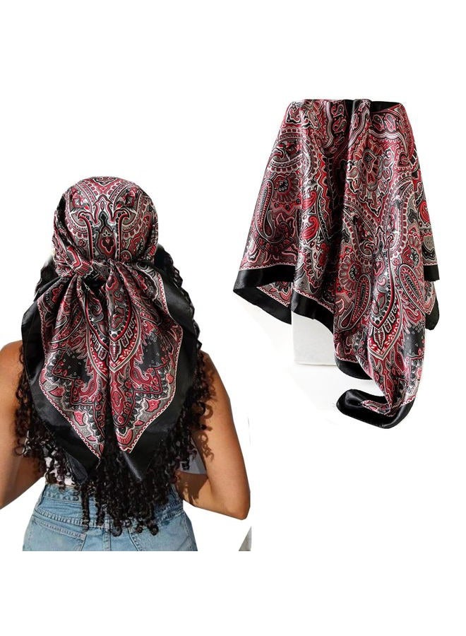 Hexchasty 35”Head Scarf Satin Silk Like Hair Scarf Large Square Head Scarves Bandana Head Wraps Headscarfs for Women Green, A-black Mixed, 35 x 35 inch - Image 1