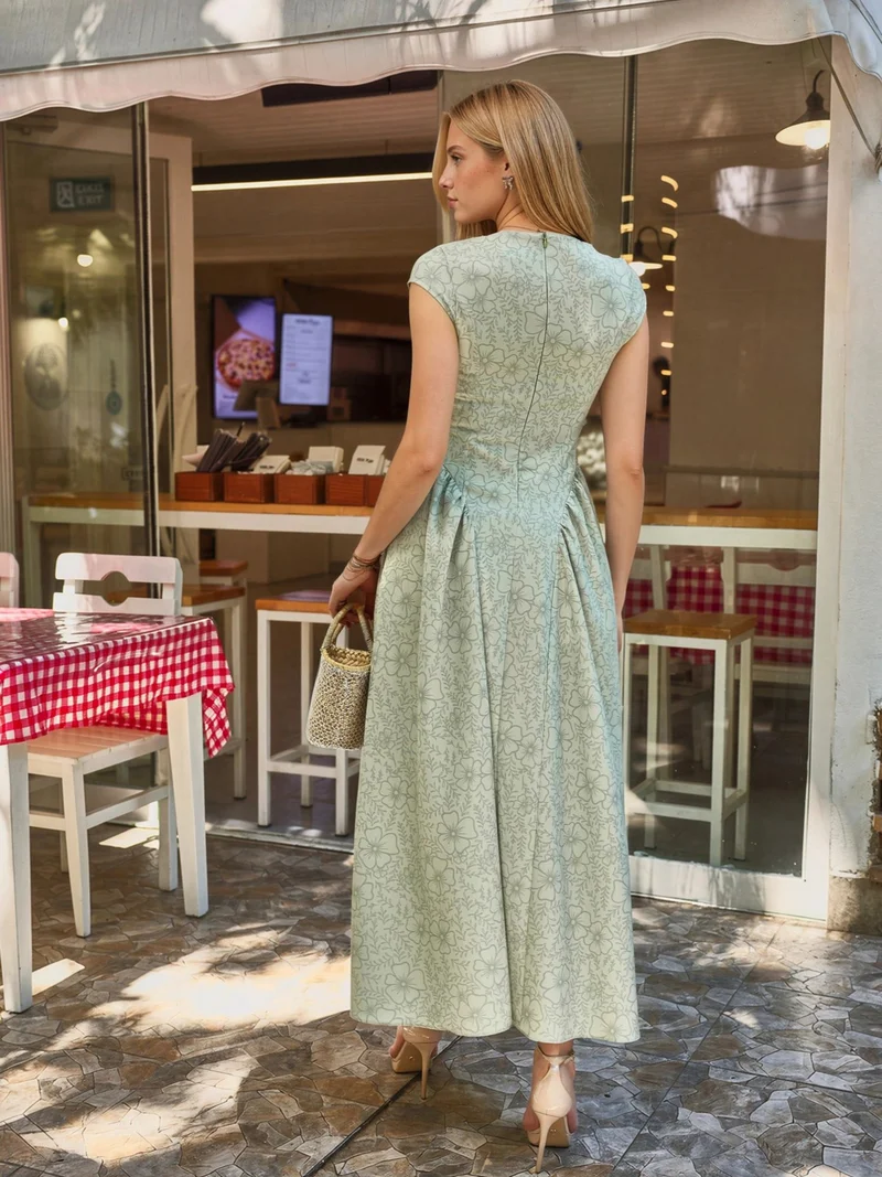 Hiccup Sage Green Boat Neck Floral Jacquard Maxi Dress for Women | Best Price UAE