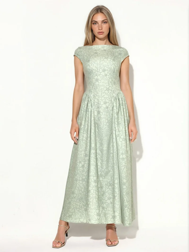 Hiccup Sage Green Boat Neck Floral Jacquard Maxi Dress for Women | Best Price UAE