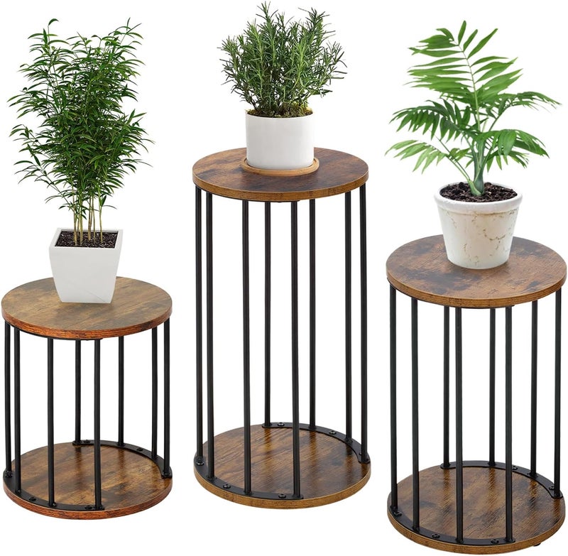 HDANI Set of 3 Round Metal Plant Stands 35/45/55 cm, Solid and Sturdy Flower Stand for Living Room, Garden, Balcony, Wooden Flower Stool, Vintage Brown and Black - Image 1