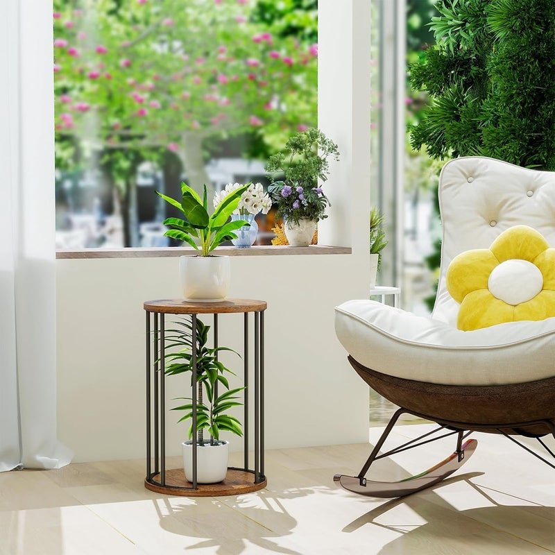 HDANI Set of 3 Round Metal Plant Stands 35/45/55 cm, Solid and Sturdy Flower Stand for Living Room, Garden, Balcony, Wooden Flower Stool, Vintage Brown and Black - Image 4