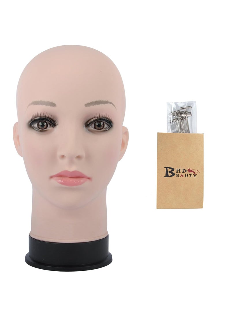 BHD BEAUTY BHD BEAUTY Bald Mannequin Head Beige Female Professional Cosmetology for Wig Making, Display wigs, eyeglasses, hairs with T pins 22" 
