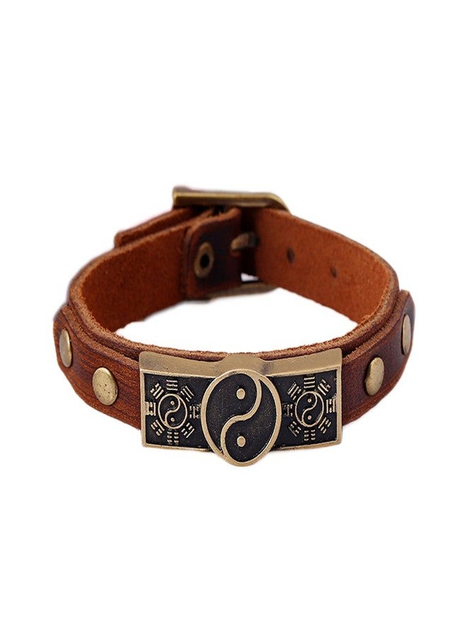 JSEA Metal Yin Yang Leather Bracelet Bangles Brown Bracelet Wirstbands for Men Women - Image 2
