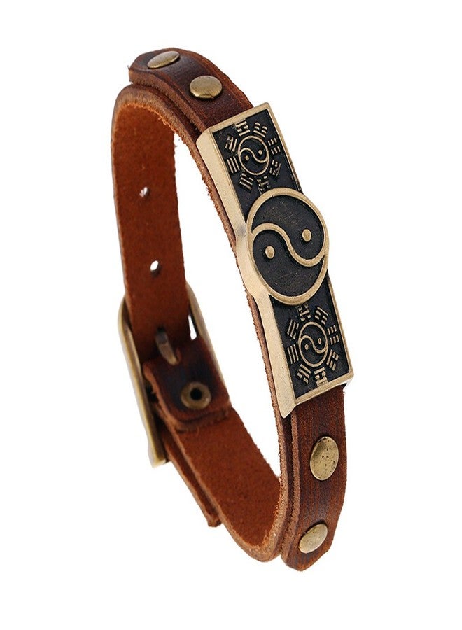 JSEA Metal Yin Yang Leather Bracelet Bangles Brown Bracelet Wirstbands for Men Women - Image 1