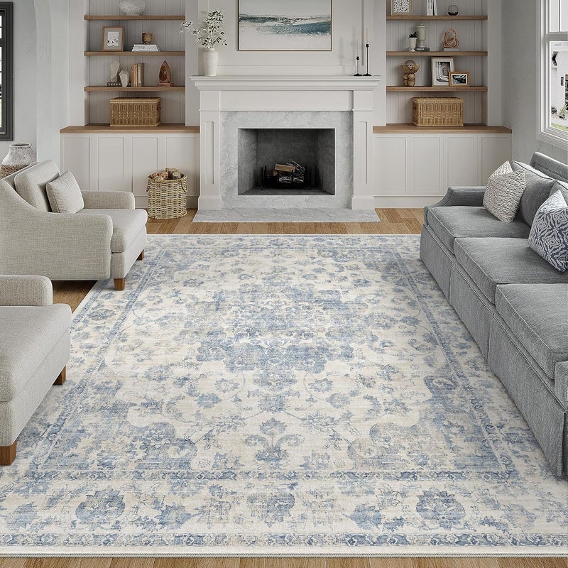 WondRg 8x10 Washable Neutral Area Rug Blue Vintage Living Room Bedroom Carpet Non-Slip Soft Low Pile Floral Indoor Large Throw Rug for Dining Room Office - Image 1
