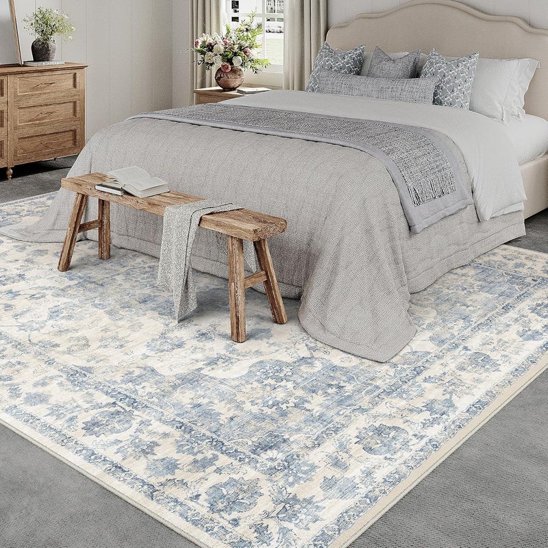 WondRg 8x10 Washable Neutral Area Rug Blue Vintage Living Room Bedroom Carpet Non-Slip Soft Low Pile Floral Indoor Large Throw Rug for Dining Room Office - Image 2