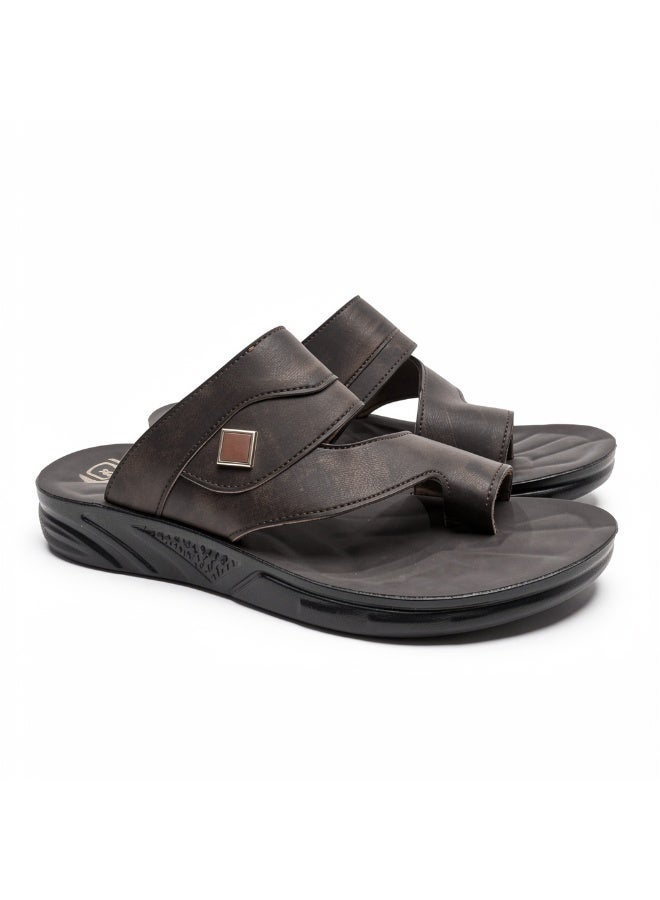 Men's brown leather slippers – a modern, comfortable design with high-quality materials and a cushioned orthopedic insole – ideal for everyday wear and outings - Image 2